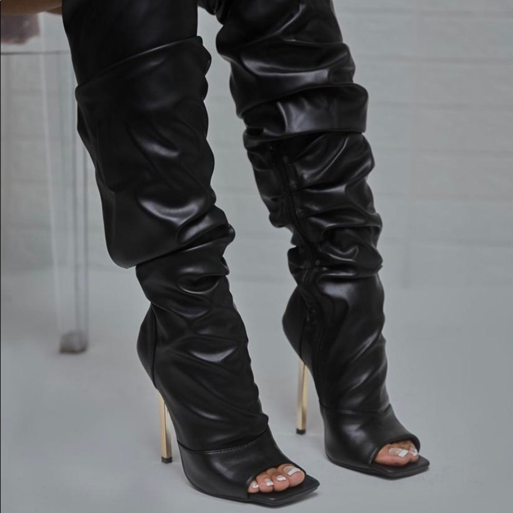 Over-the-Knee Peep-Toe Stiletto Boots - Black